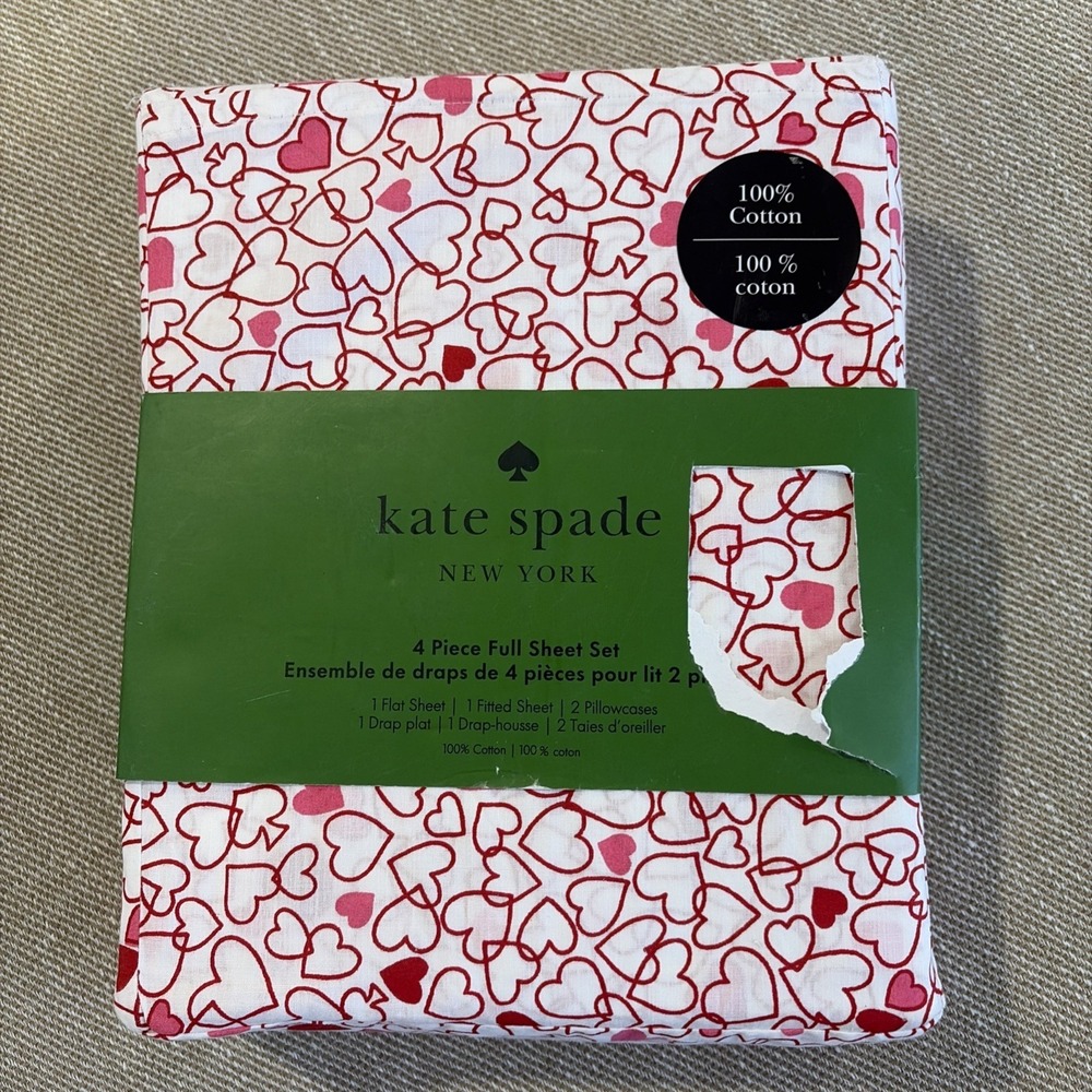 Sheet Set Kate Spade Heart Full 100% Cotton 4 Pieces‎ Outline Hearts. New In Pkg